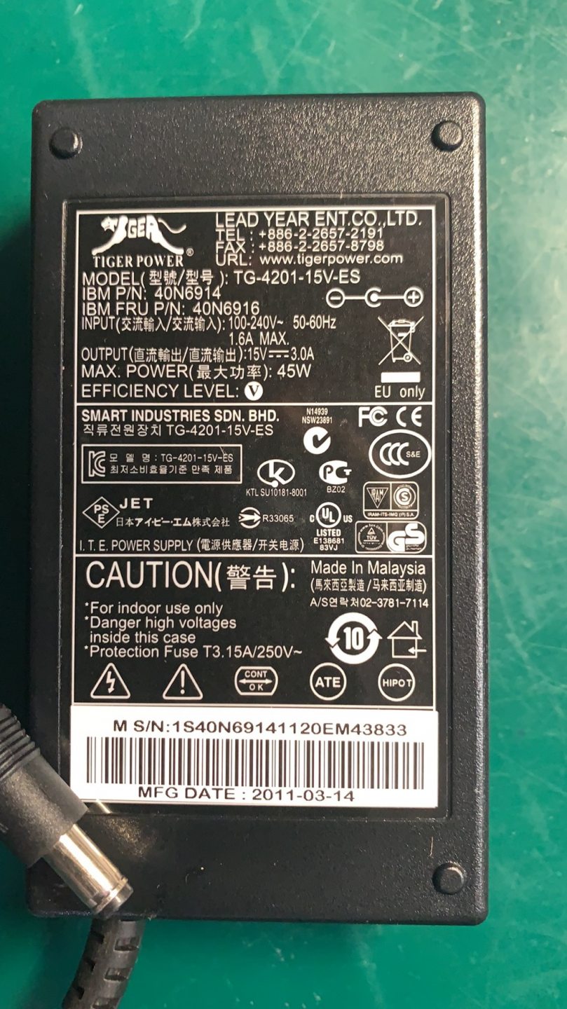 IBM 4820 Touch Screen Monitor Power adapter PN 40N6916 Tiger TG-4201-15V 15V 3A Power Adapter